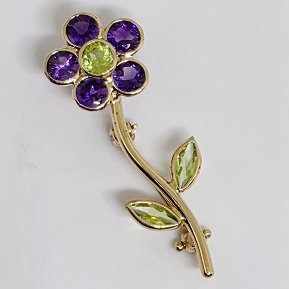 Vintage 14k Yellow Gold Purple Green Gemstones Flower Beautiful Pin Brooch 1.7 g - Picture 2 of 16